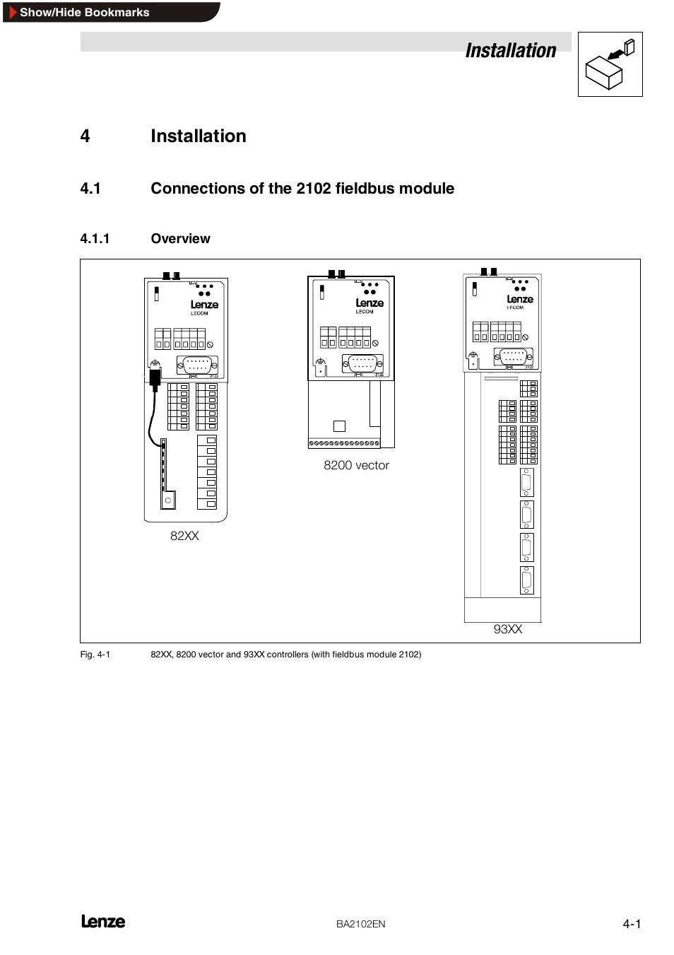 4 installation, 1 connections of the 2102 fieldbus module, 1 overview | Overview, Installation, 4installation | Lenze EMF2102IB User Manual | Page 13 / 62