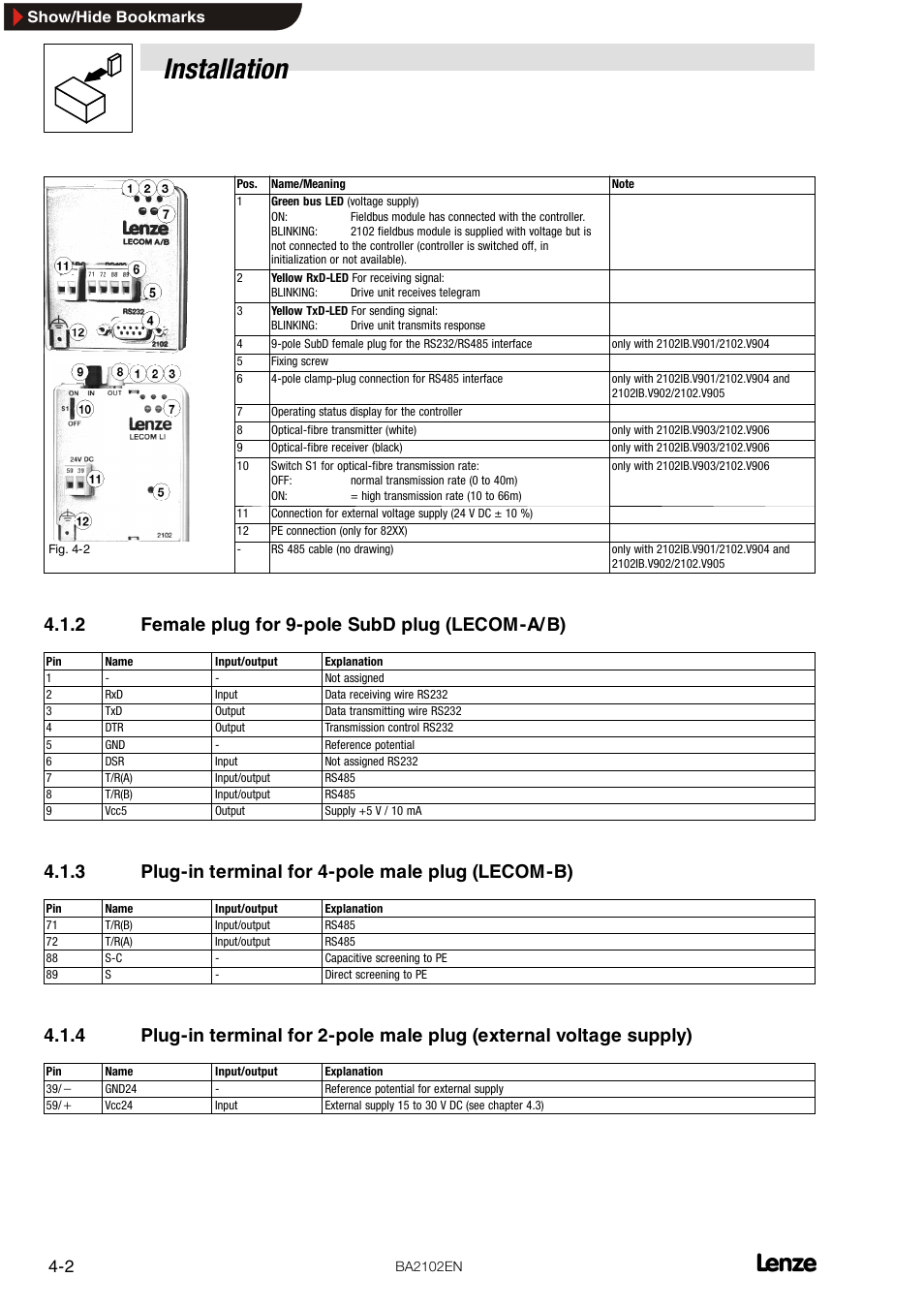 2 female plug for 9-pole subd plug (lecom-a/b), 3 plug-in terminal for 4-pole male plug (lecom-b), Female plug for 9-pole subd plug (lecom-a/b) | Plug-in terminal for 4-pole male plug (lecom-b), Installation, 2 female plug for 9-pole subd plug (lecom-a/ b) | Lenze EMF2102IB User Manual | Page 14 / 62
