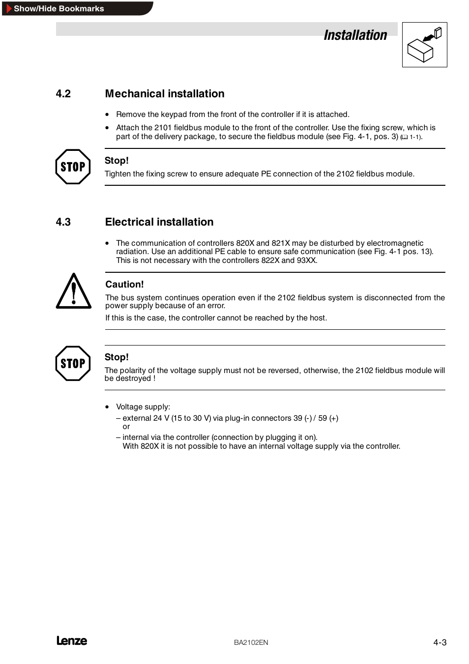 2 mechanical installation, 3 electrical installation, Installation | Lenze EMF2102IB User Manual | Page 15 / 62