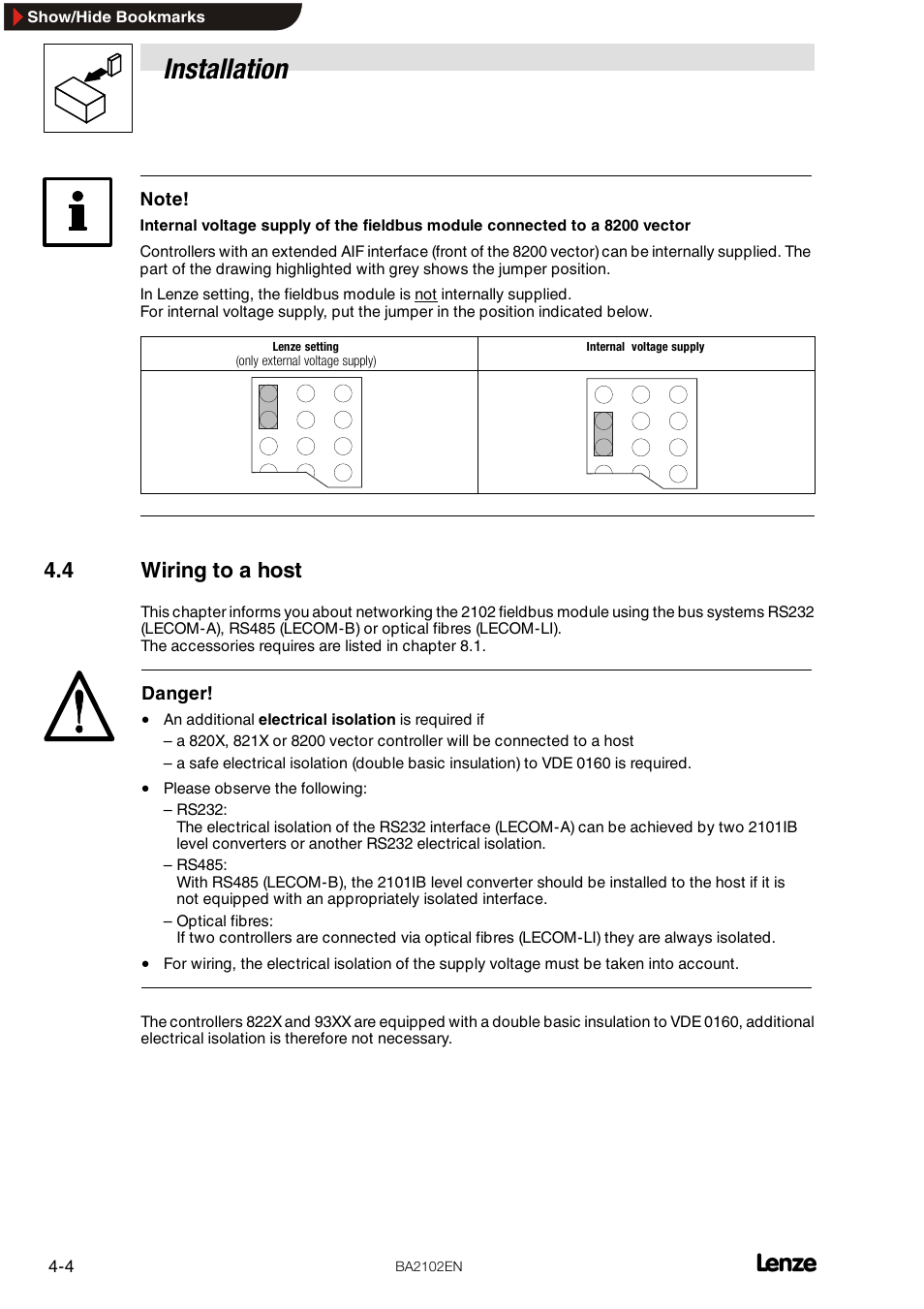4 wiring to a host, Installation | Lenze EMF2102IB User Manual | Page 16 / 62