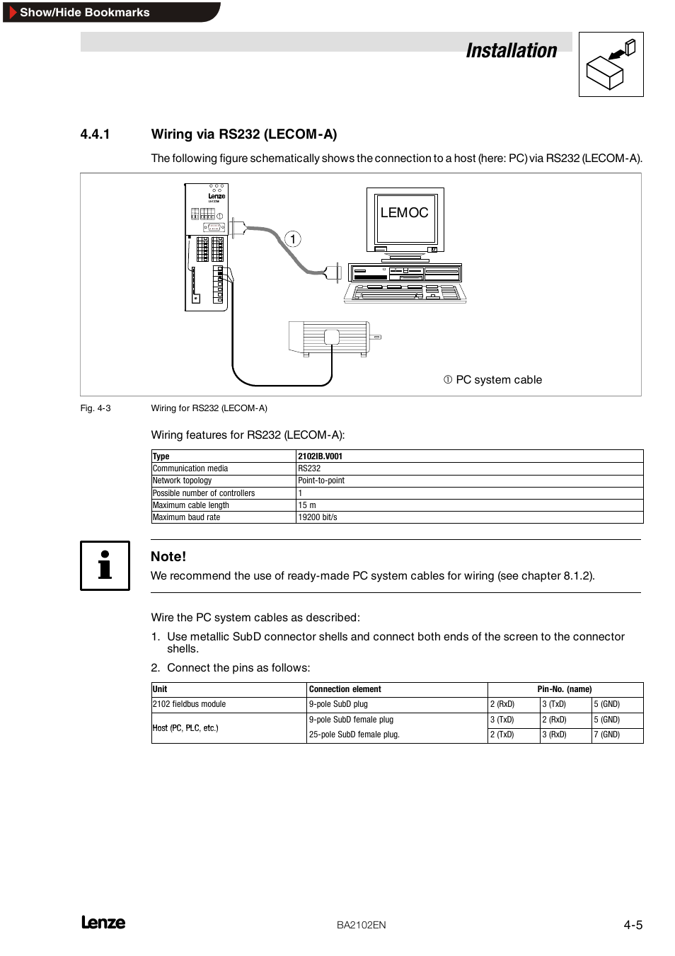1 wiring via rs232 (lecom-a), Wiring via rs232 (lecom-a), Installation | Lemoc | Lenze EMF2102IB User Manual | Page 17 / 62