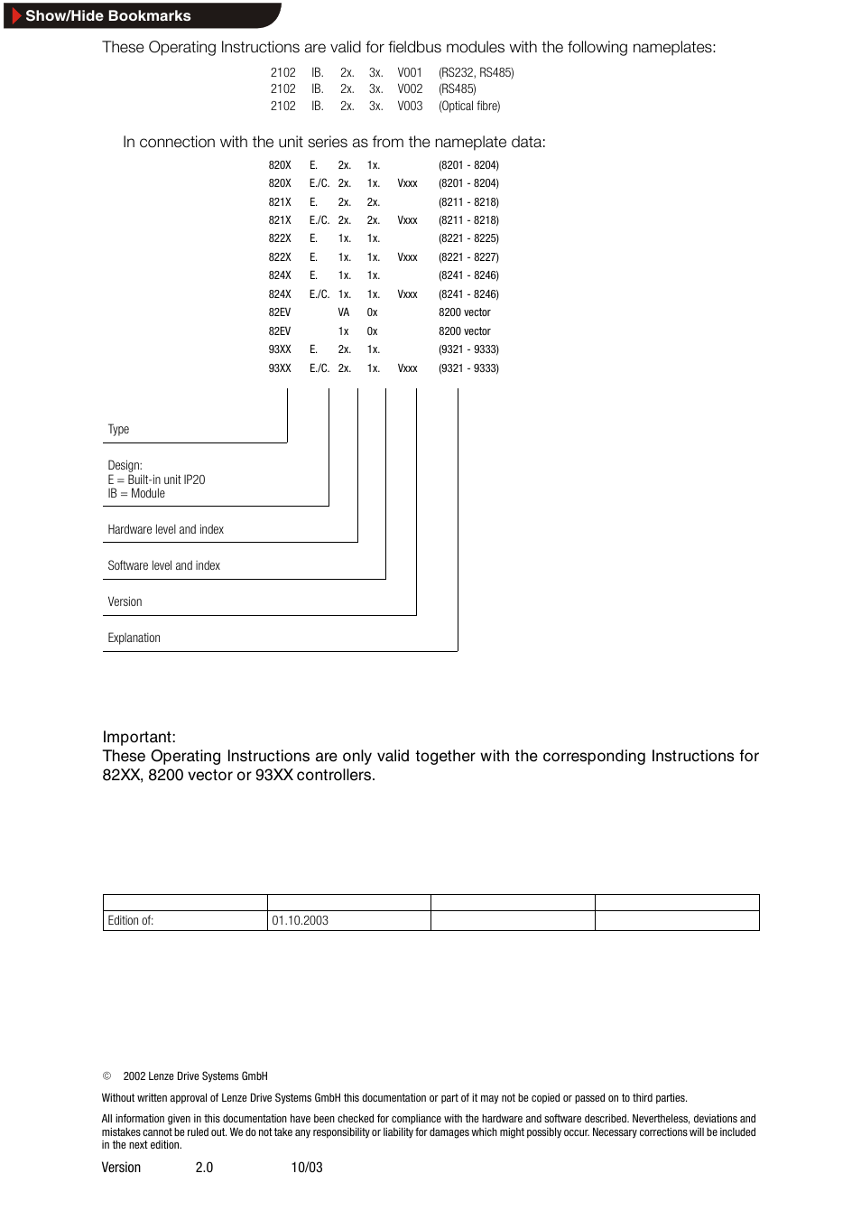 These operating instructions are valid for | Lenze EMF2102IB User Manual | Page 2 / 62