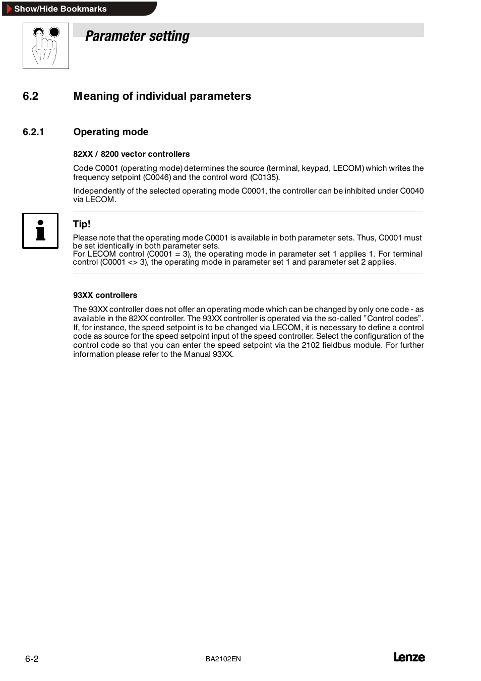 2 meaning of individual parameters, 1 operating mode, Operating mode | Parameter setting | Lenze EMF2102IB User Manual | Page 26 / 62