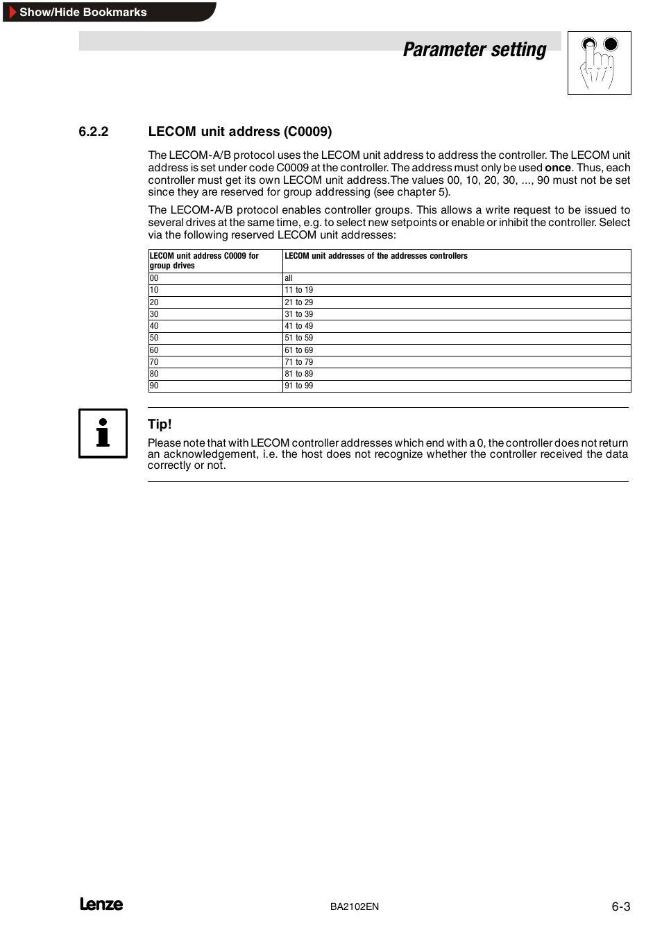 2 lecom unit address (c0009), Lecom unit address (c0009), Parameter setting | Lenze EMF2102IB User Manual | Page 27 / 62