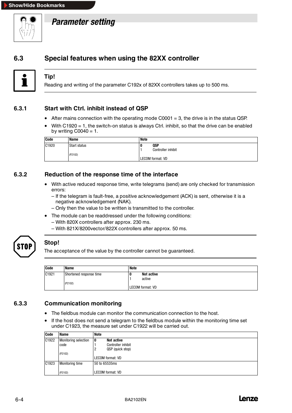 3 special features when using the 82xx controller, 1 start with ctrl. inhibit instead of qsp, 2 reduction of the response time of the interface | 3 communication monitoring, Start with ctrl. inhibit instead of qsp, Reduction of the response time of the interface, Communication monitoring, Parameter setting, Stop | Lenze EMF2102IB User Manual | Page 28 / 62