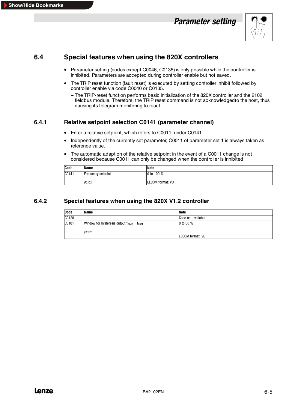 4 special features when using the 820x controllers, Parameter setting | Lenze EMF2102IB User Manual | Page 29 / 62