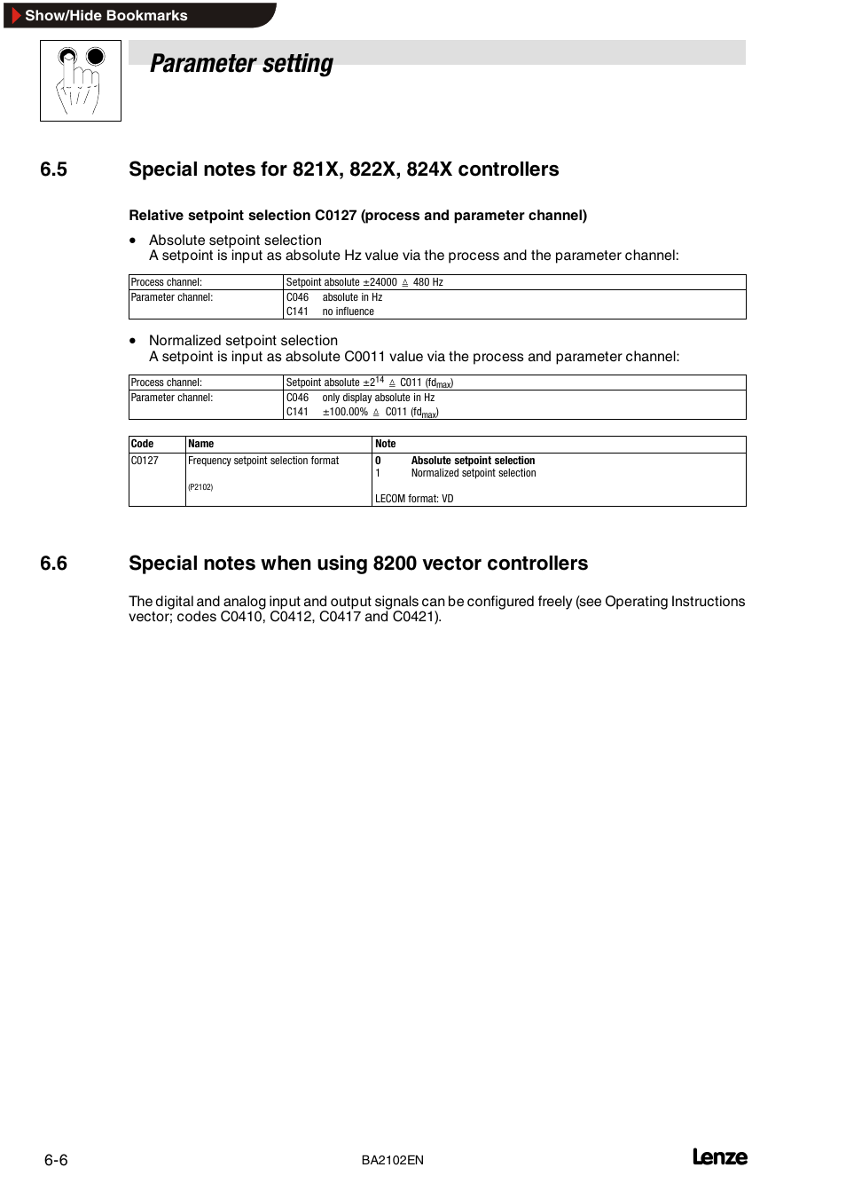 5 special notes for 821x, 822x, 824x controllers, 6 special notes when using 8200 vector controllers, Parameter setting | Lenze EMF2102IB User Manual | Page 30 / 62