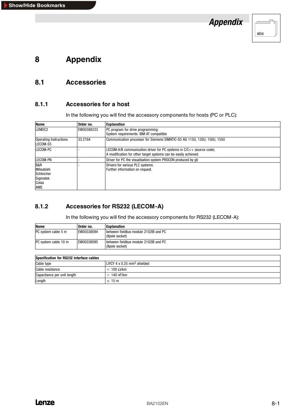 8 appendix, 1 accessories, 1 accessories for a host | 2 accessories for rs232 (lecom-a), Accessories for a host, Accessories for rs232 (lecom-a), Appendix, 8appendix | Lenze EMF2102IB User Manual | Page 33 / 62