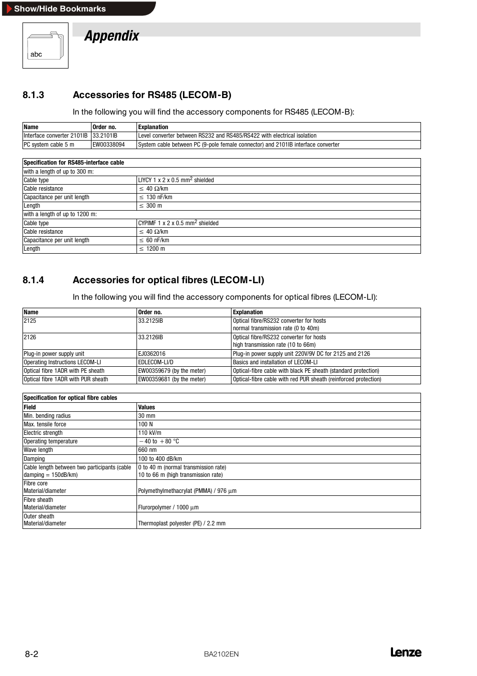 3 accessories for rs485 (lecom-b), 4 accessories for optical fibres (lecom-li), Accessories for rs485 (lecom-b) | Accessories for optical fibres (lecom-li), Appendix | Lenze EMF2102IB User Manual | Page 34 / 62