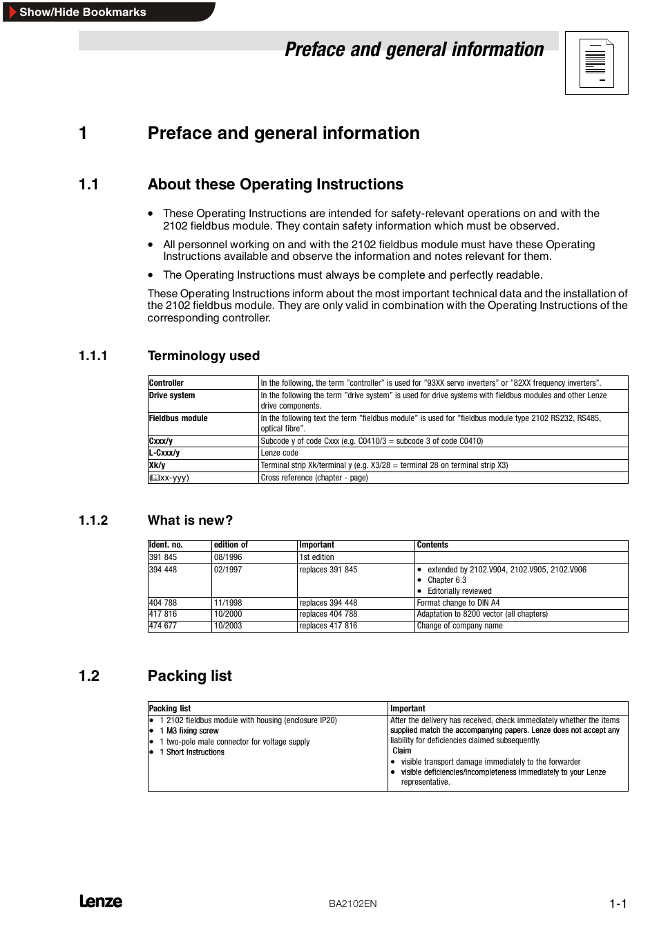 1 preface and general information, 1 about these operating instructions, 1 terminology used | 2 what is new, 2 packing list, Terminology used, What is new, Preface and general information, 1preface and general information | Lenze EMF2102IB User Manual | Page 5 / 62