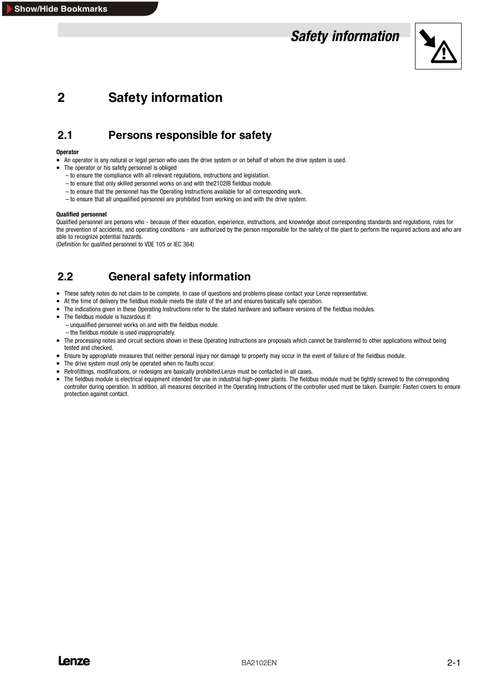 2 safety information, 1 persons responsible for safety, 2 general safety information | Safety information, 2safety information | Lenze EMF2102IB User Manual | Page 7 / 62