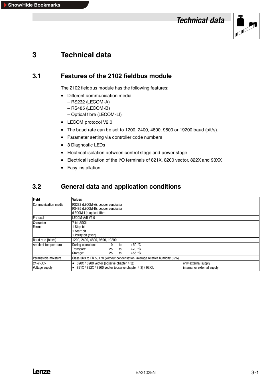 3 technical data, 1 features of the 2102 fieldbus module, 2 general data and application conditions | Technical data, 3technical data | Lenze EMF2102IB User Manual | Page 9 / 62