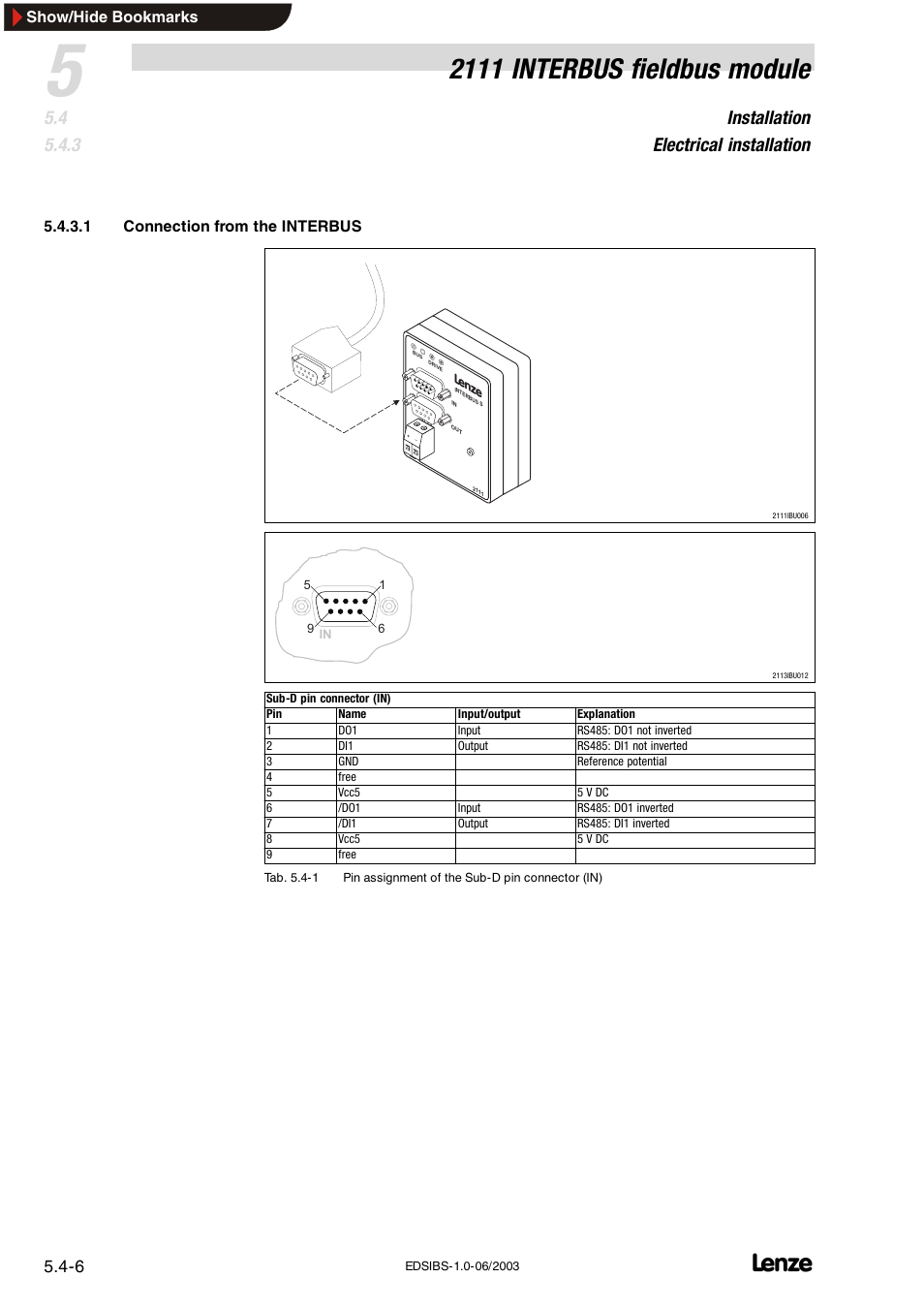 2111 interbus fieldbus module, Installation electrical installation | Lenze EMF2111IB User Manual | Page 14 / 88