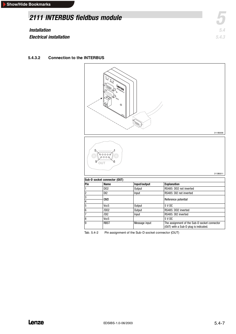 2111 interbus fieldbus module, Installation electrical installation | Lenze EMF2111IB User Manual | Page 15 / 88