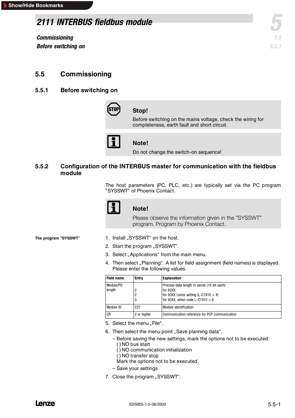 2111 interbus fieldbus module | Lenze EMF2111IB User Manual | Page 17 / 88