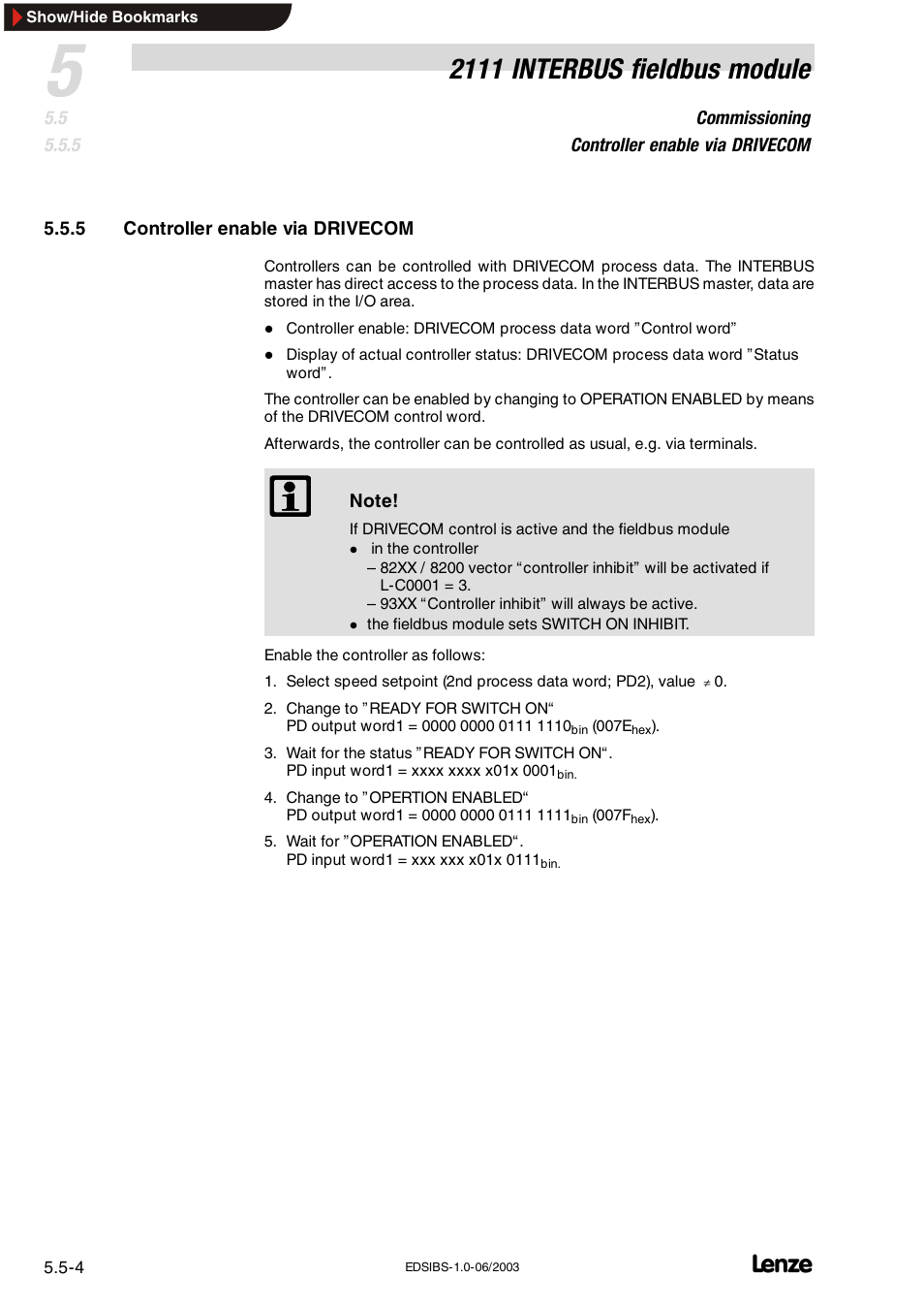 2111 interbus fieldbus module | Lenze EMF2111IB User Manual | Page 20 / 88