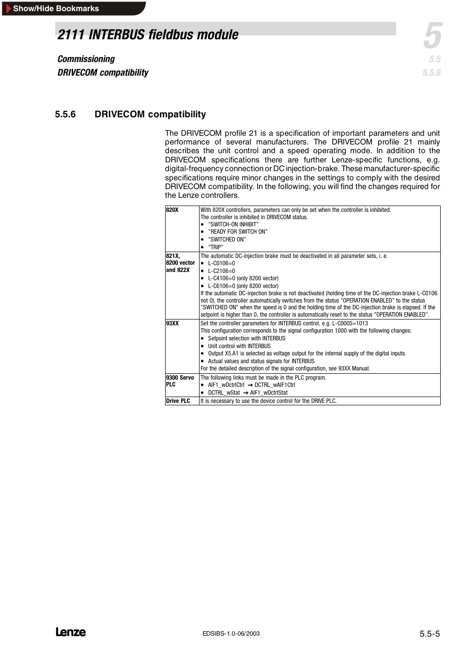 2111 interbus fieldbus module, Commissioning drivecom compatibility, 6 drivecom compatibility | Lenze EMF2111IB User Manual | Page 21 / 88