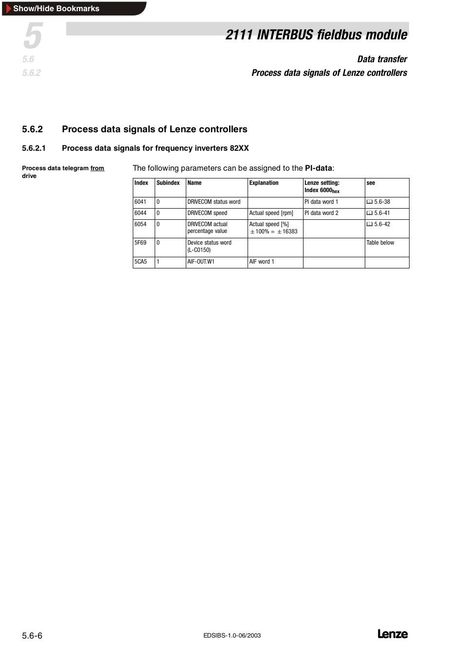 2111 interbus fieldbus module, 2 process data signals of lenze controllers | Lenze EMF2111IB User Manual | Page 28 / 88