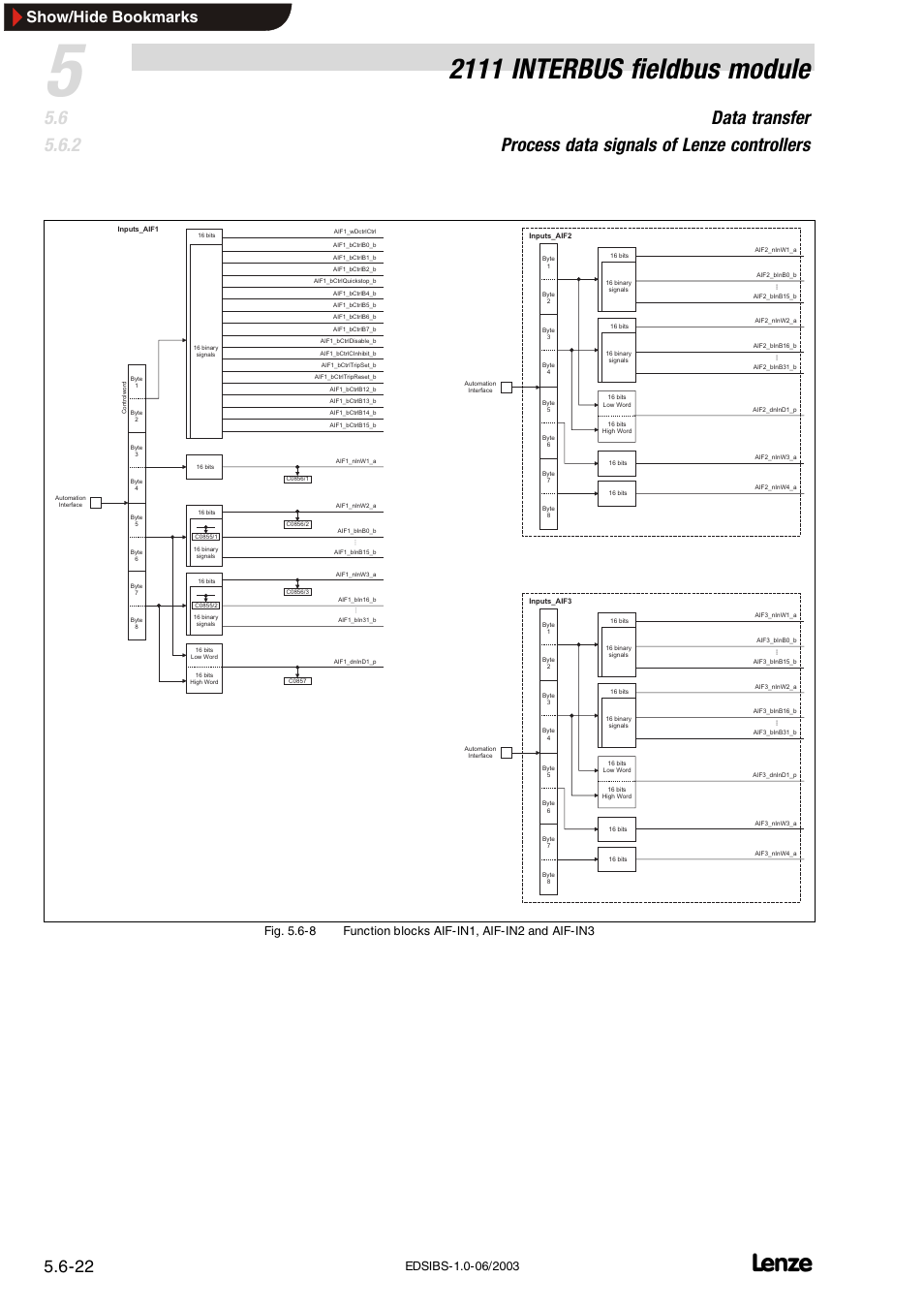 2111 interbus fieldbus module, Show/hide bookmarks | Lenze EMF2111IB User Manual | Page 44 / 88