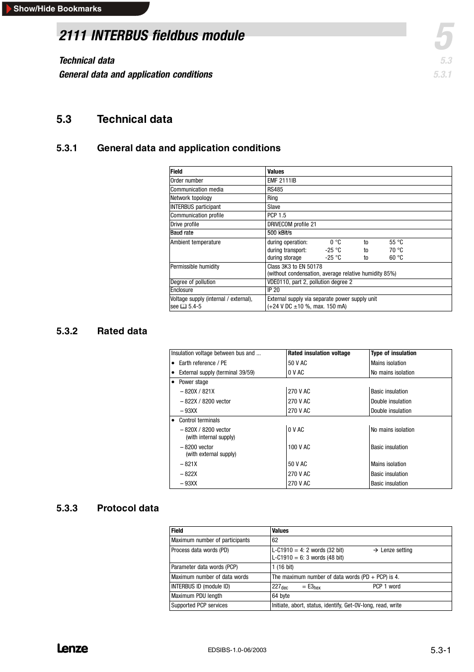 2111 interbus fieldbus module, 3 technical data, 1 general data and application conditions | 2 rated data, 3 protocol data | Lenze EMF2111IB User Manual | Page 5 / 88