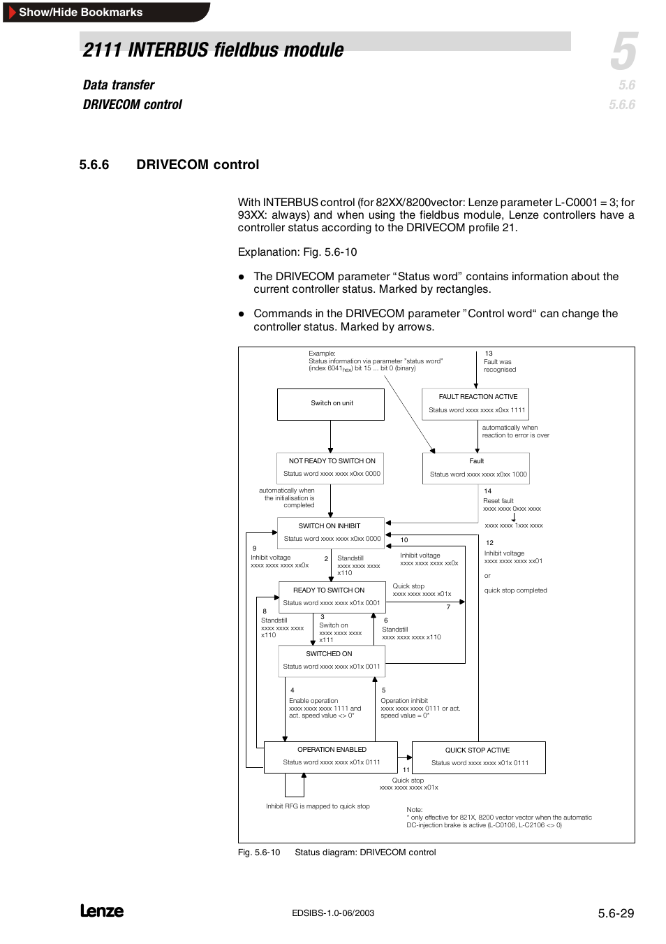 2111 interbus fieldbus module, Data transfer drivecom control, 6 drivecom control | Show/hide bookmarks | Lenze EMF2111IB User Manual | Page 51 / 88