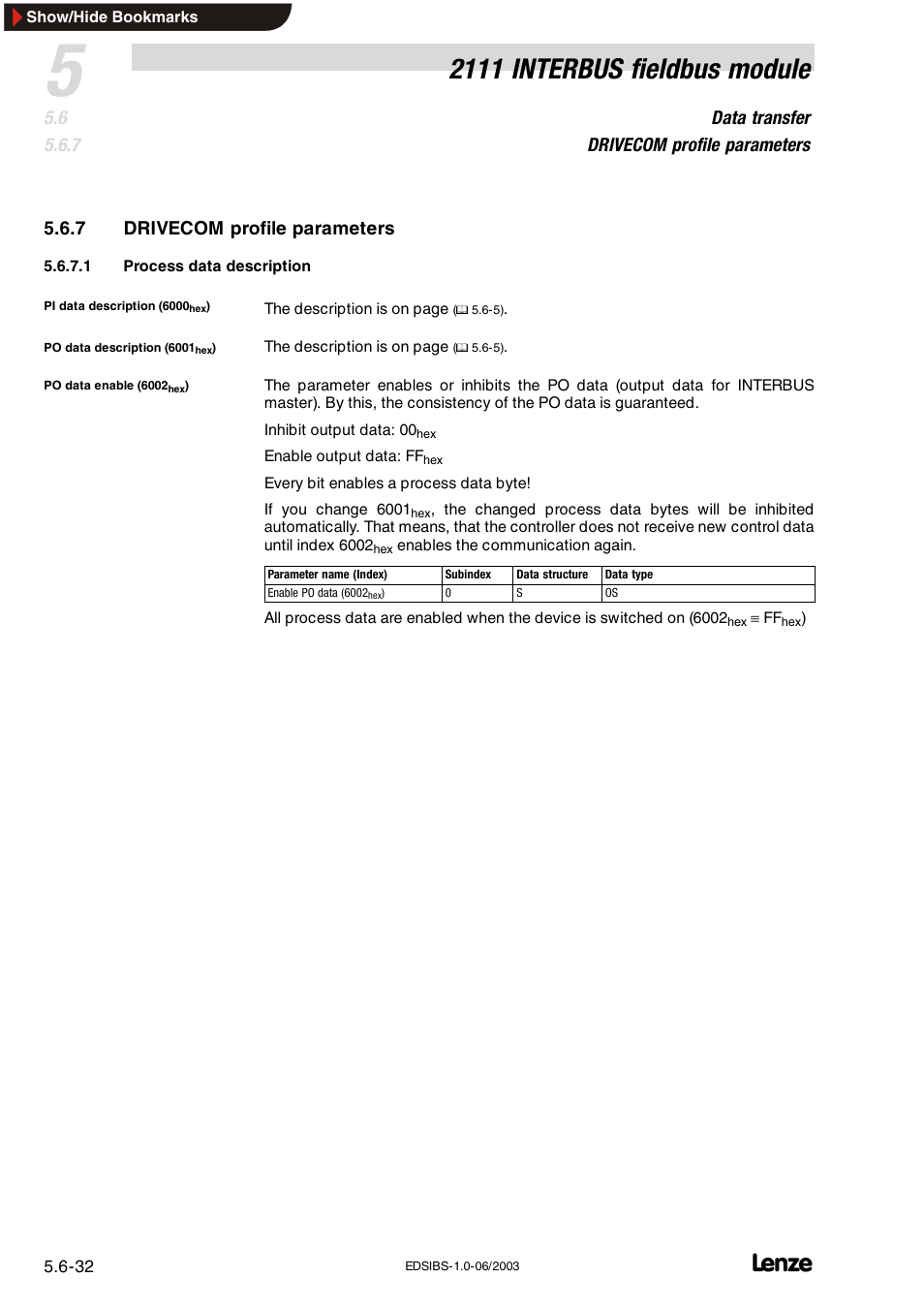 2111 interbus fieldbus module, Data transfer drivecom profile parameters, 7 drivecom profile parameters | Lenze EMF2111IB User Manual | Page 54 / 88