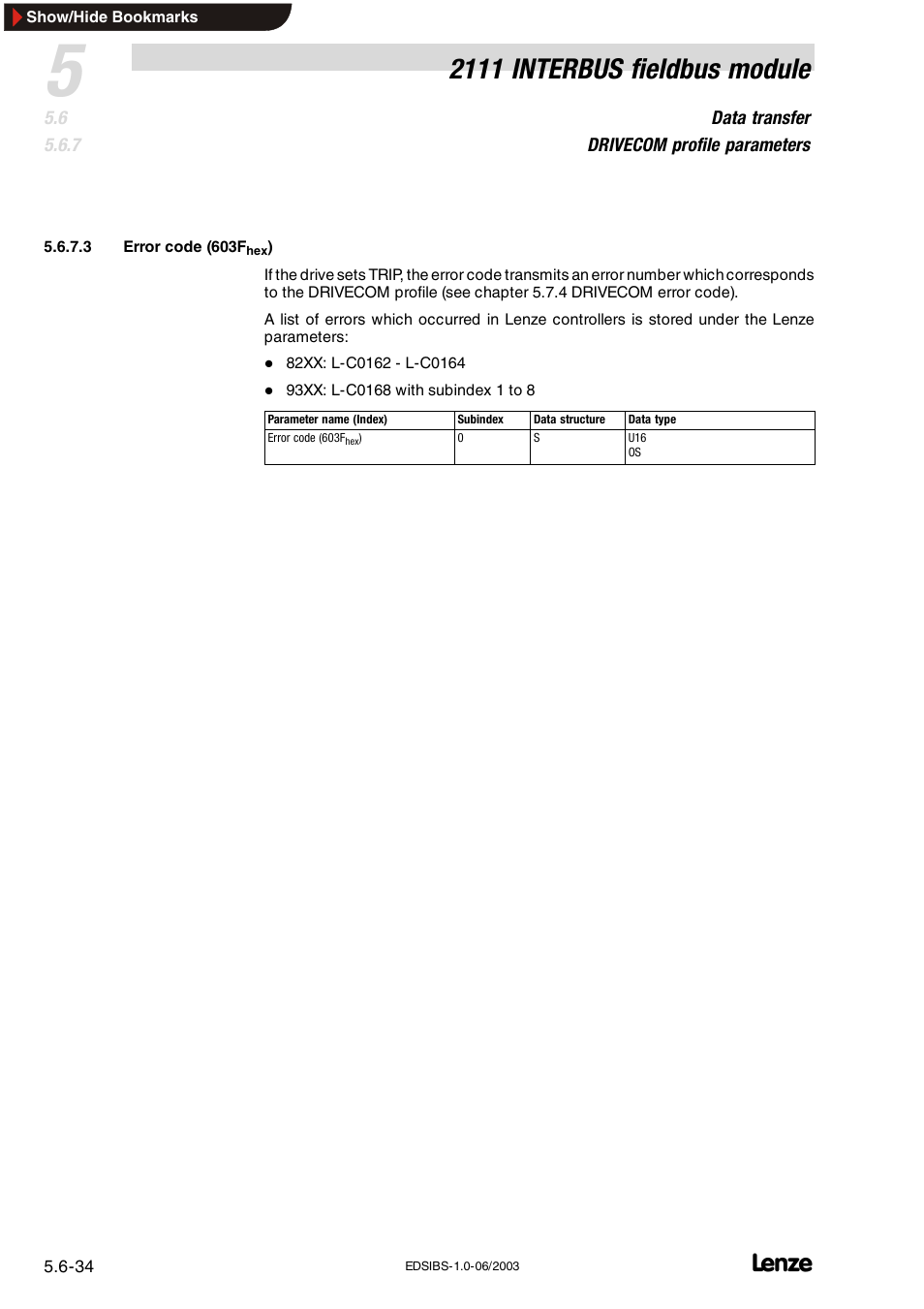 2111 interbus fieldbus module | Lenze EMF2111IB User Manual | Page 56 / 88