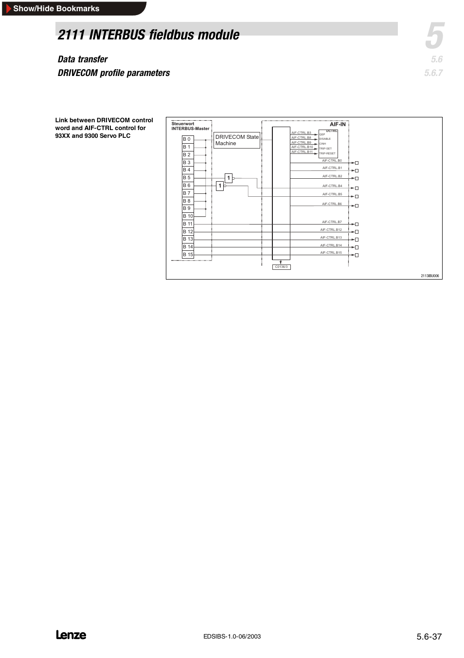 2111 interbus fieldbus module, Data transfer drivecom profile parameters, Show/hide bookmarks | Lenze EMF2111IB User Manual | Page 59 / 88