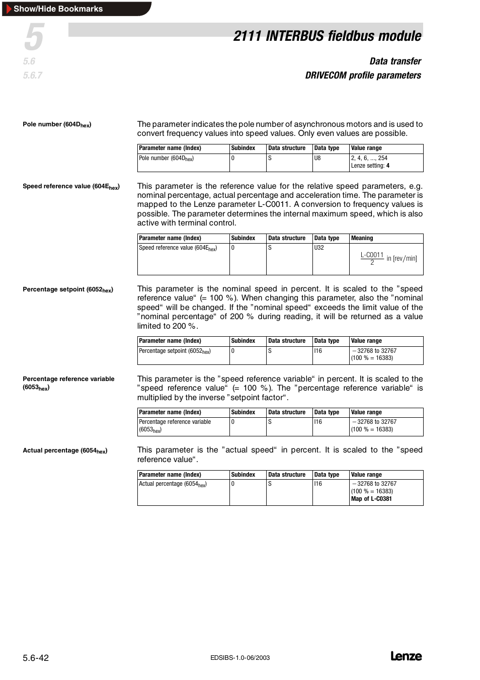 2111 interbus fieldbus module, Data transfer drivecom profile parameters | Lenze EMF2111IB User Manual | Page 64 / 88