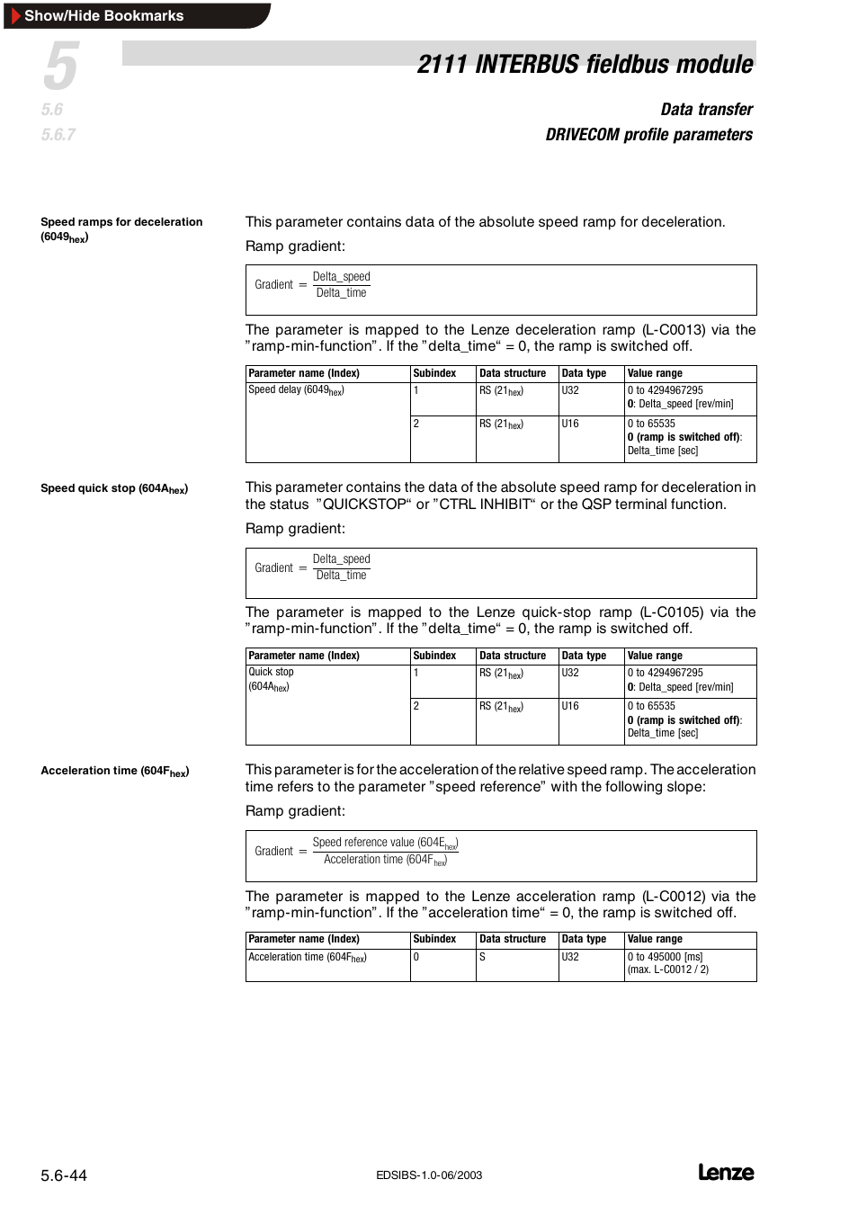 2111 interbus fieldbus module, Data transfer drivecom profile parameters | Lenze EMF2111IB User Manual | Page 66 / 88