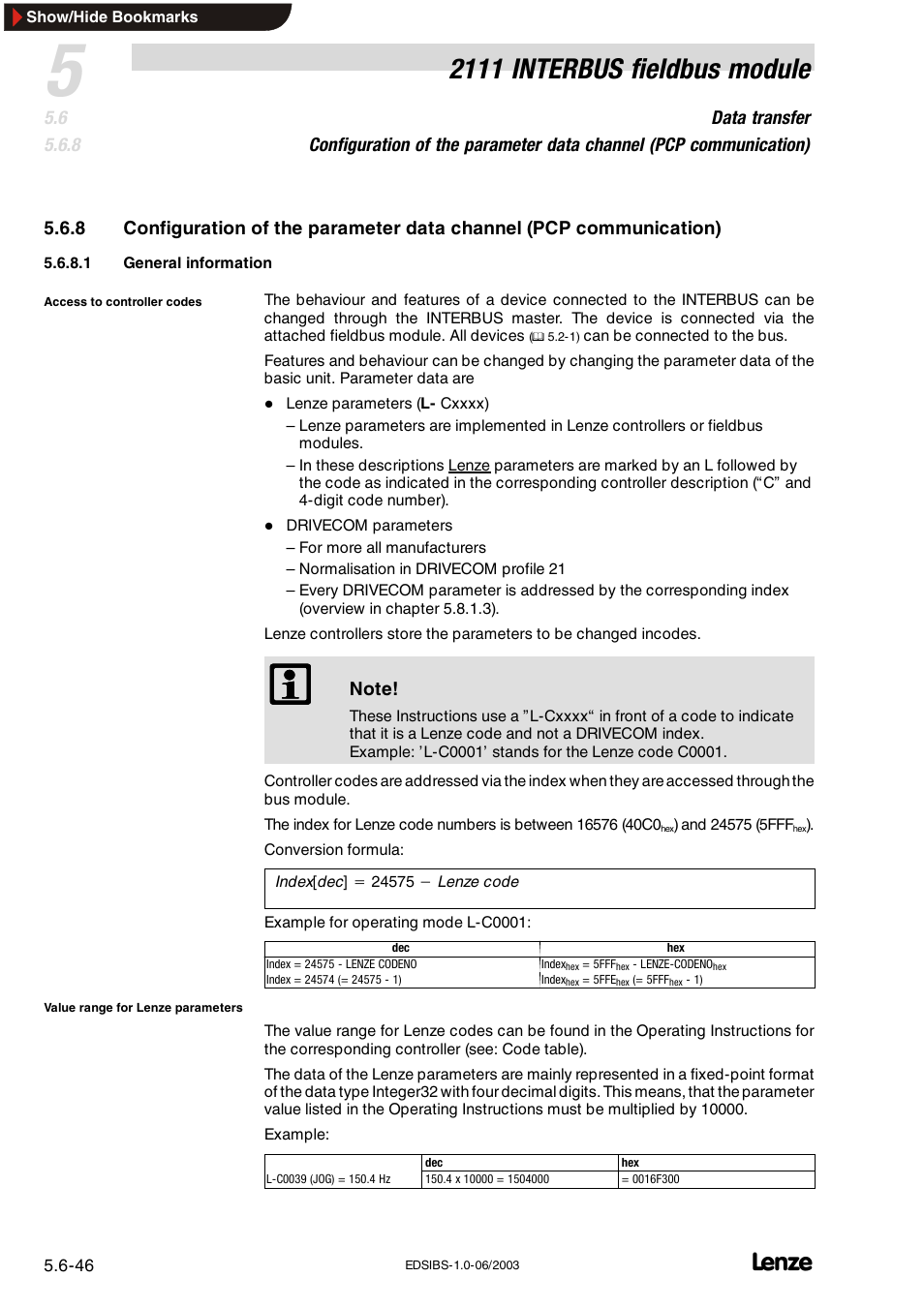 2111 interbus fieldbus module | Lenze EMF2111IB User Manual | Page 68 / 88