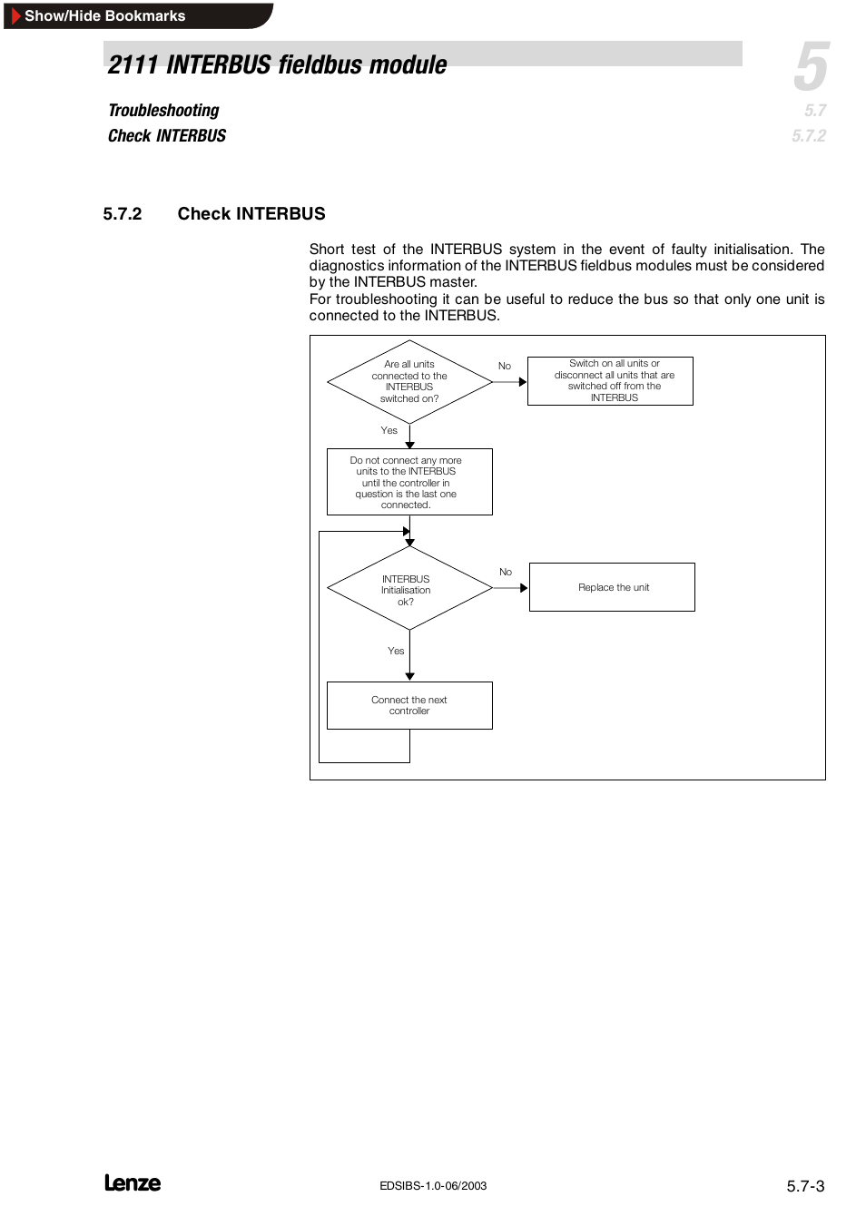 2111 interbus fieldbus module, Troubleshooting check interbus, 2 check interbus | Lenze EMF2111IB User Manual | Page 77 / 88