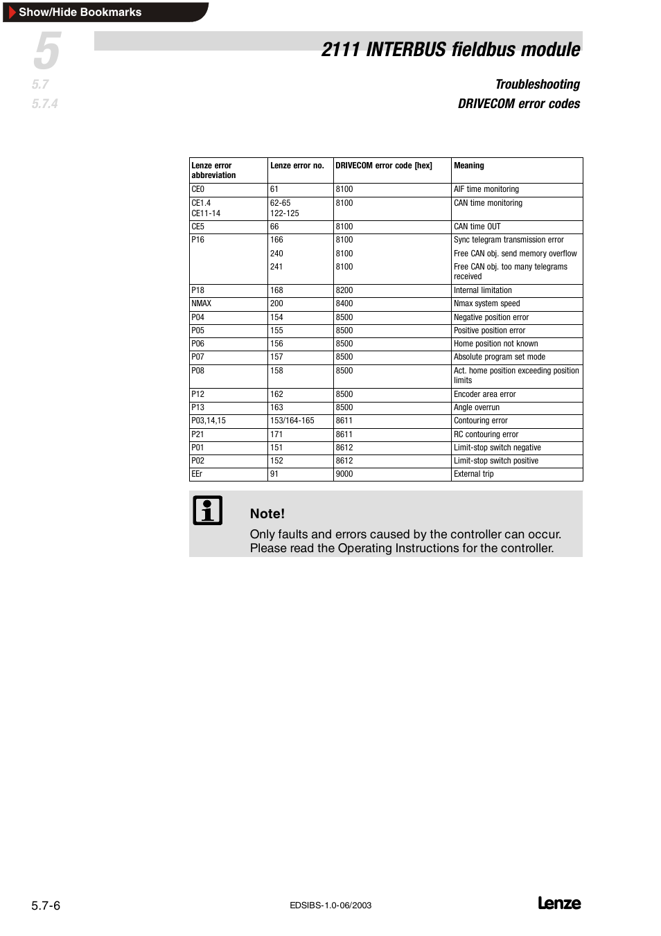 2111 interbus fieldbus module, Troubleshooting drivecom error codes | Lenze EMF2111IB User Manual | Page 80 / 88