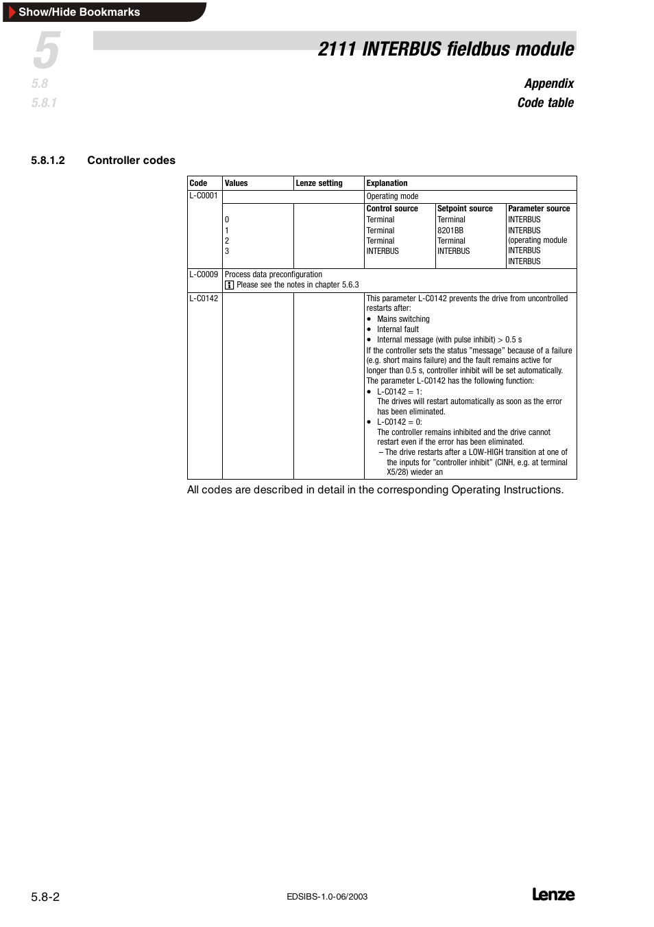 2111 interbus fieldbus module, Appendix code table | Lenze EMF2111IB User Manual | Page 82 / 88