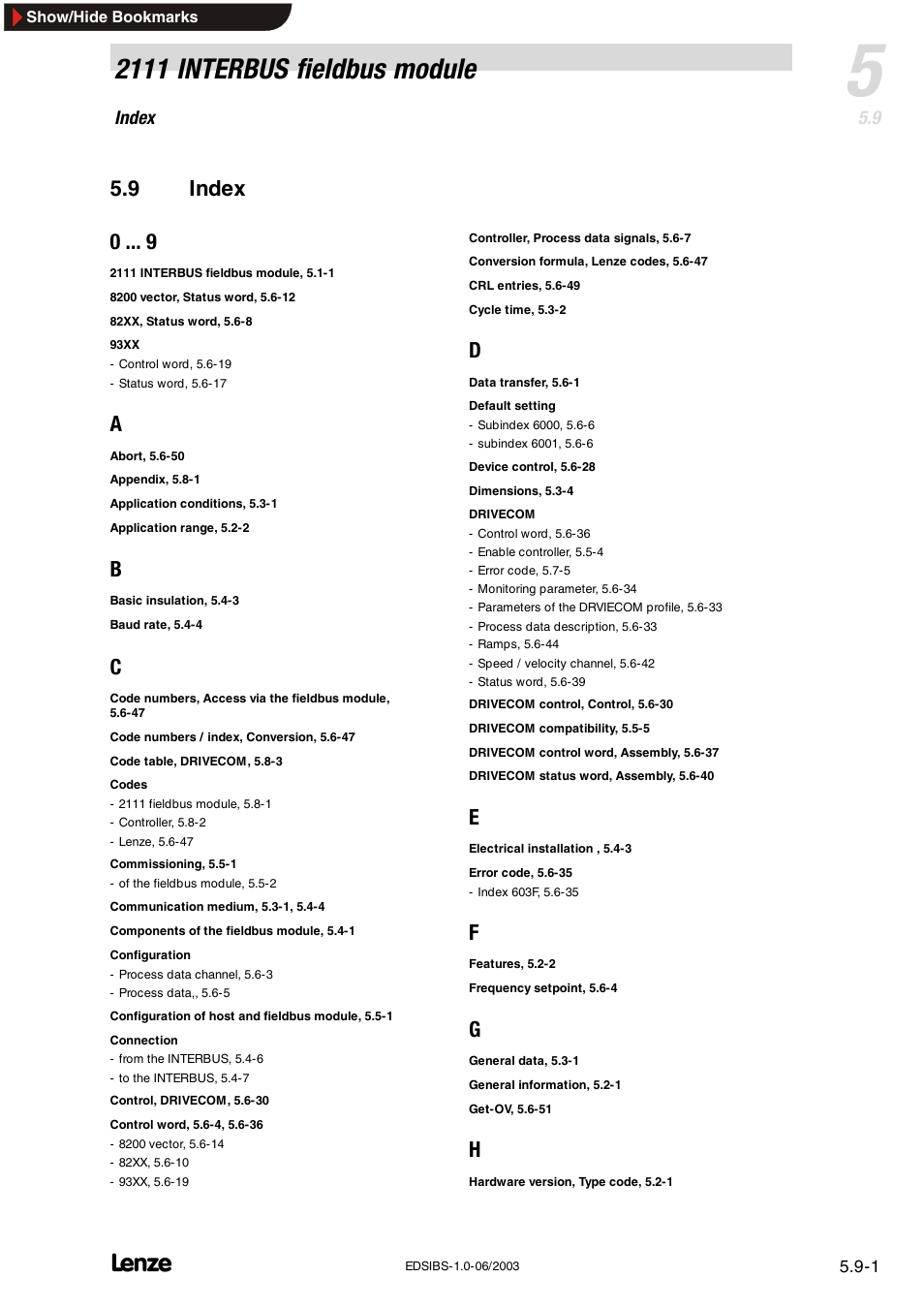 2111 interbus fieldbus module, 9 index 0, Index | Lenze EMF2111IB User Manual | Page 85 / 88
