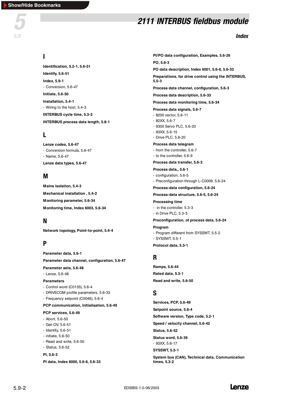2111 interbus fieldbus module, Index | Lenze EMF2111IB User Manual | Page 86 / 88