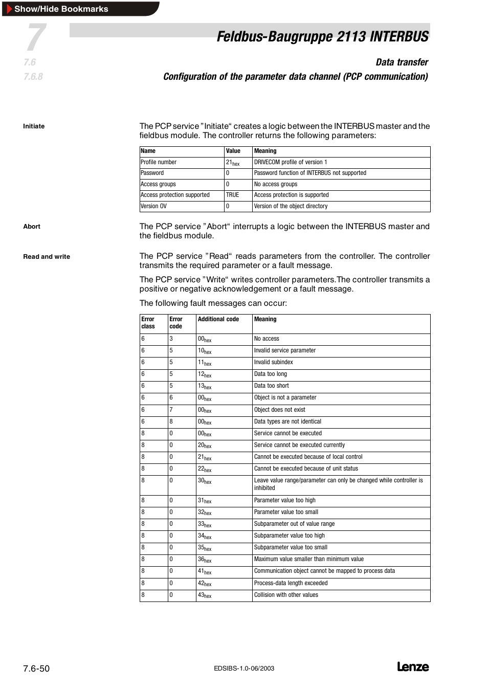 Feldbus-baugruppe 2113 interbus | Lenze EMF2113IB User Manual | Page 101 / 119