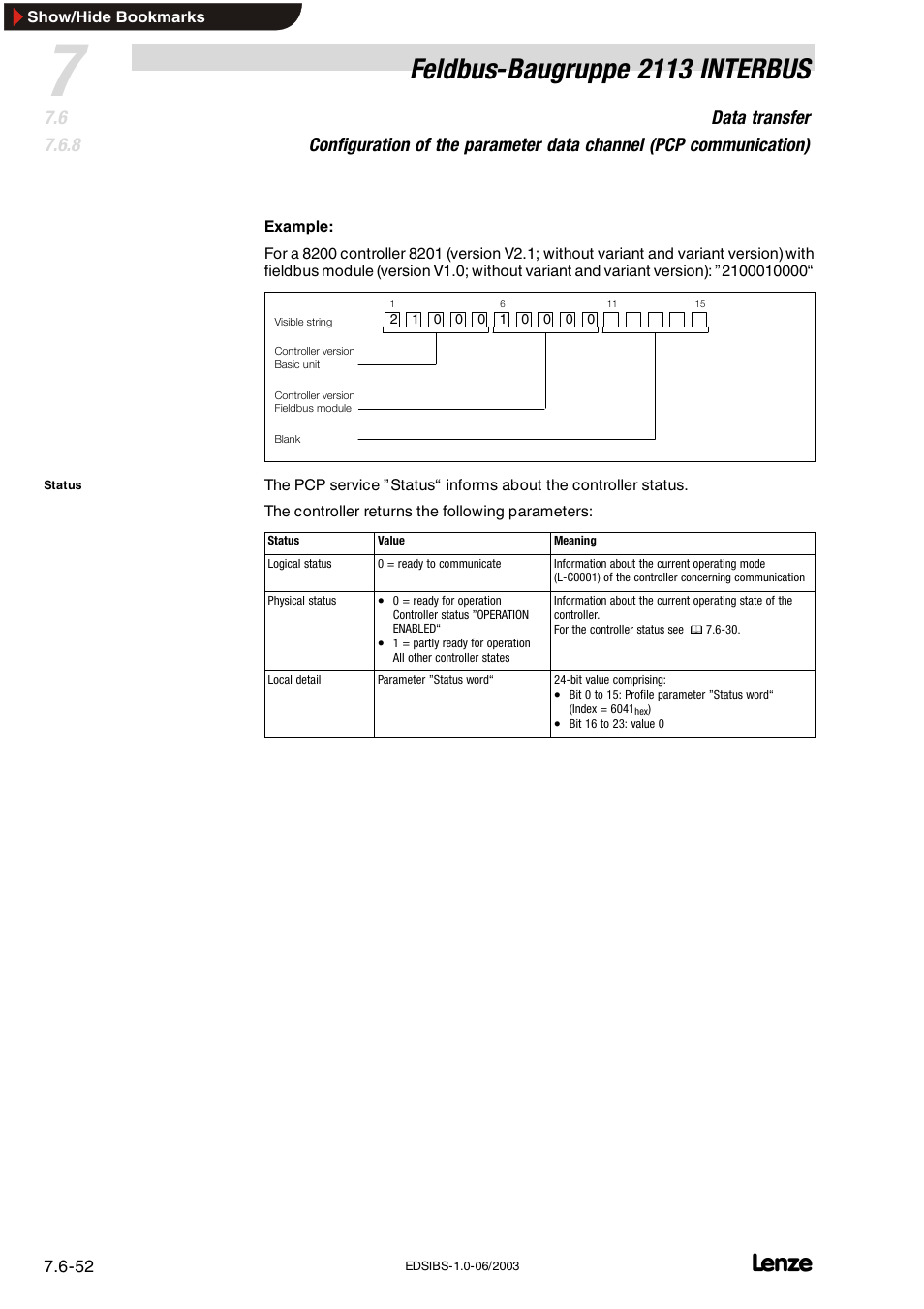 Feldbus-baugruppe 2113 interbus | Lenze EMF2113IB User Manual | Page 103 / 119