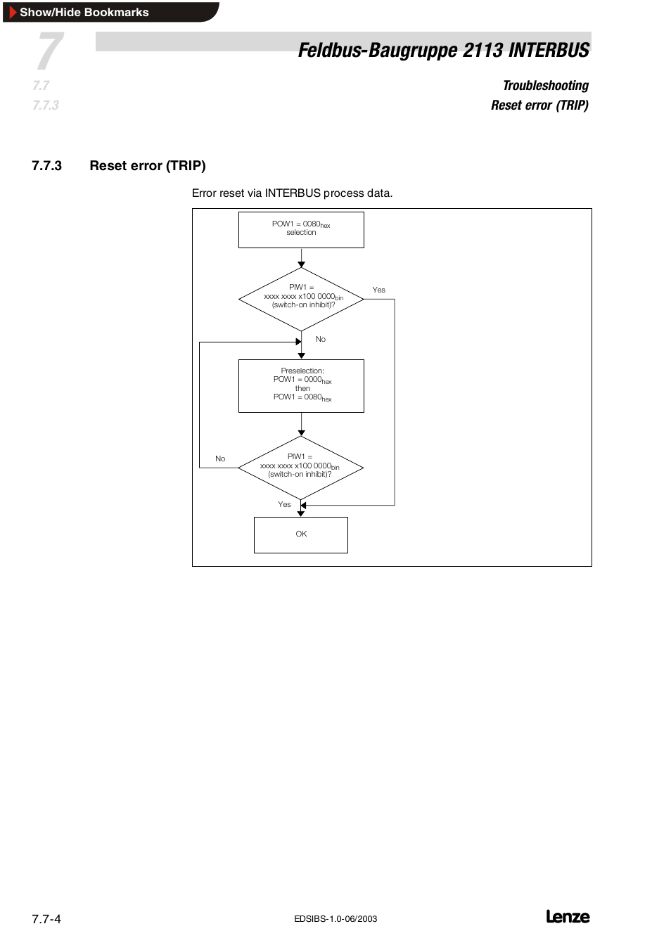 3 reset error (trip), Reset error (trip), Feldbus-baugruppe 2113 interbus | Troubleshooting reset error (trip) | Lenze EMF2113IB User Manual | Page 107 / 119