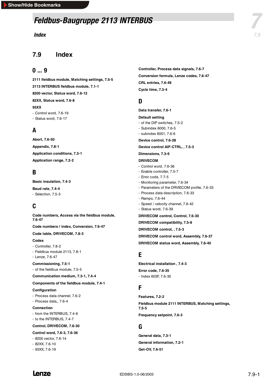 9 index, Index, Feldbus-baugruppe 2113 interbus | 9 index 0 | Lenze EMF2113IB User Manual | Page 116 / 119