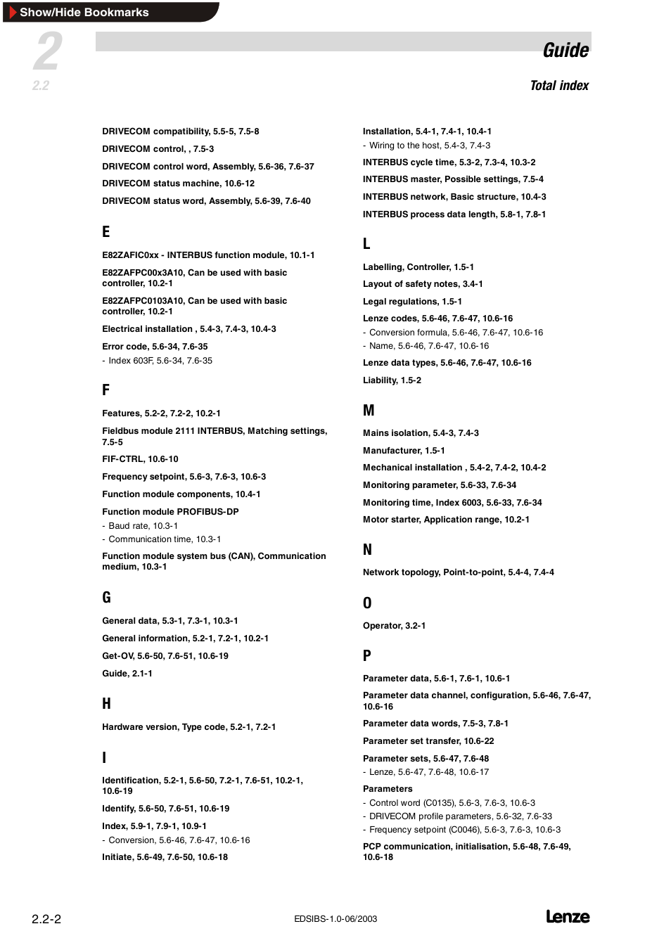 Guide, Total index | Lenze EMF2113IB User Manual | Page 14 / 119
