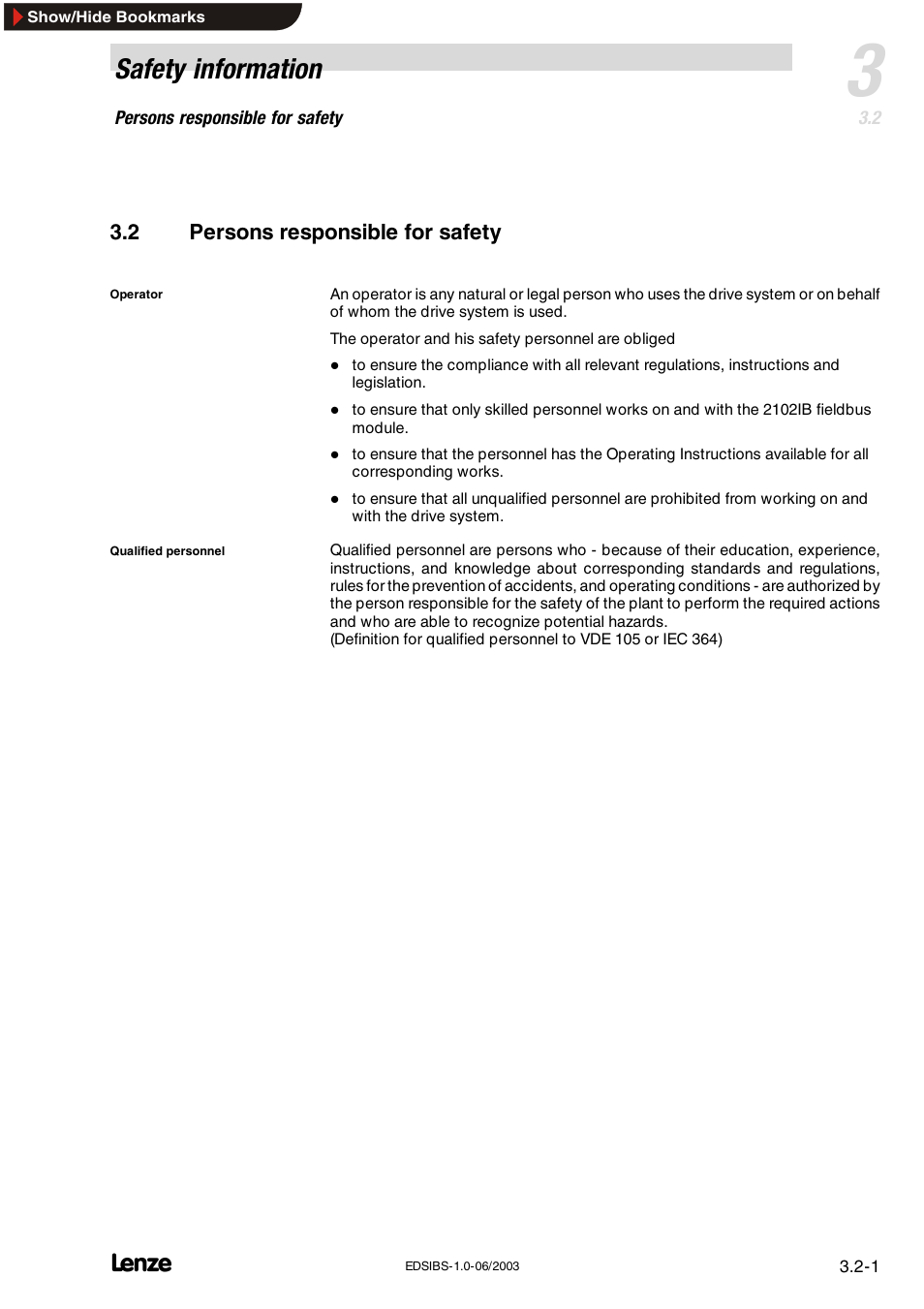 2 persons responsible for safety, Persons responsible for safety, Safety information | Lenze EMF2113IB User Manual | Page 20 / 119