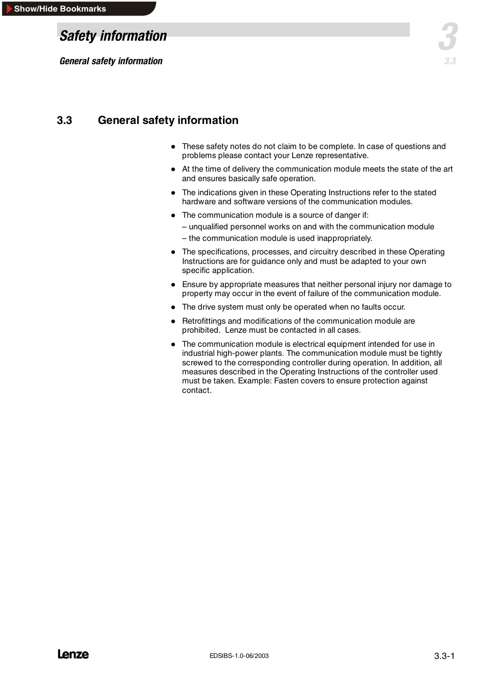 3 general safety information, General safety information, Safety information | Lenze EMF2113IB User Manual | Page 21 / 119