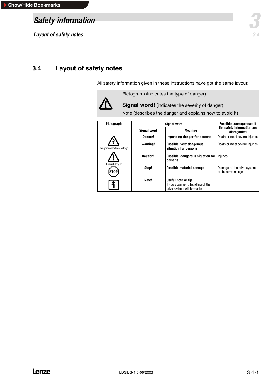 4 layout of safety notes, Layout of safety notes, Safety information | Lenze EMF2113IB User Manual | Page 22 / 119