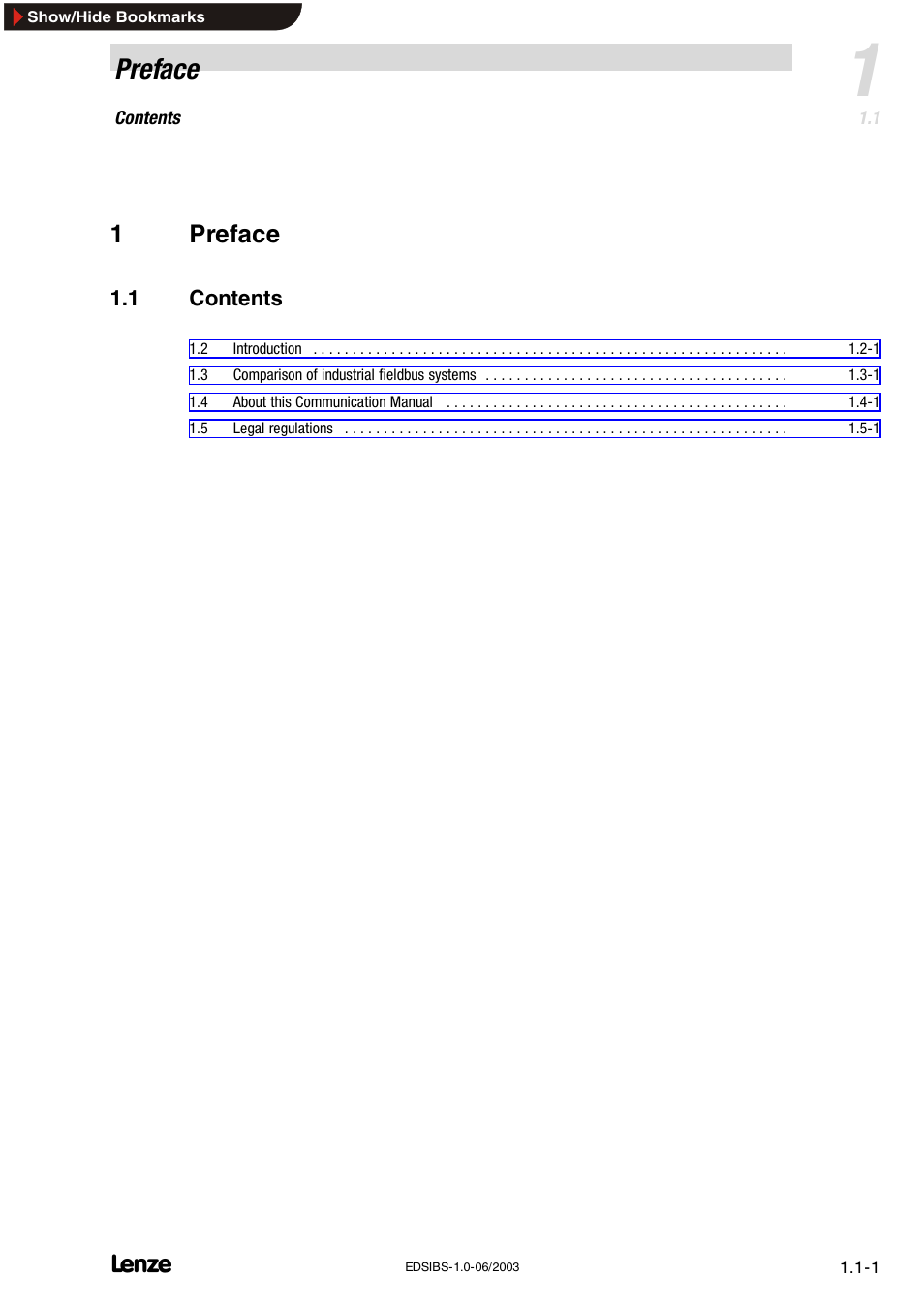 1 preface, 1 contents, Preface | 1preface | Lenze EMF2113IB User Manual | Page 3 / 119