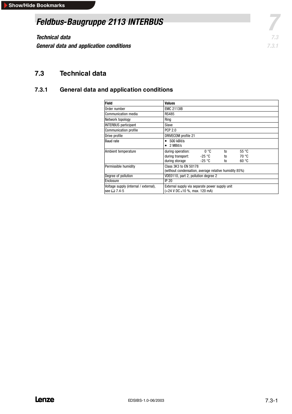 3 technical data, 1 general data and application conditions, Technical data | General data and application conditions, Feldbus-baugruppe 2113 interbus | Lenze EMF2113IB User Manual | Page 30 / 119