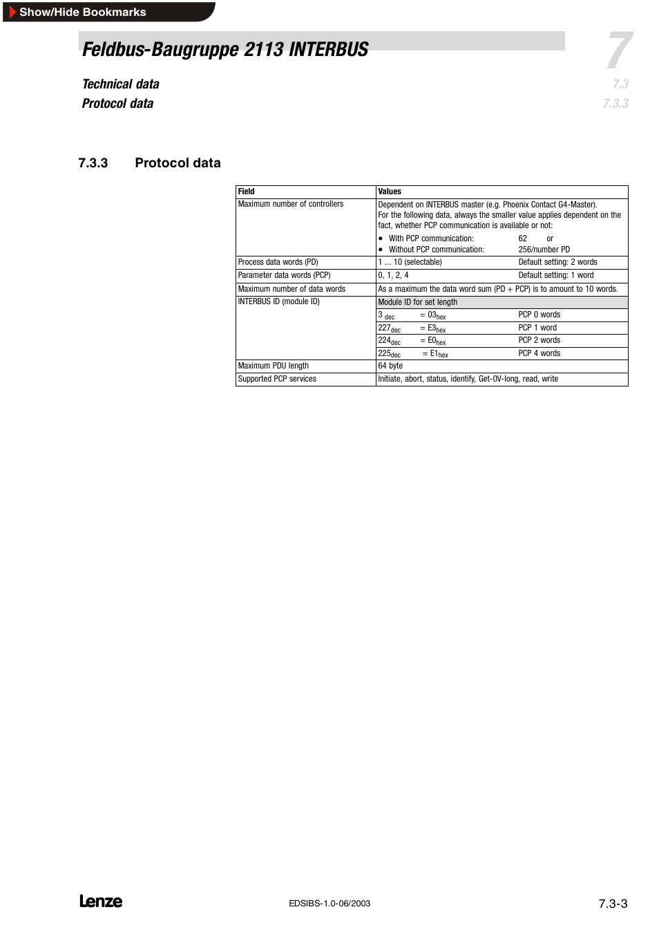 3 protocol data, Protocol data, Feldbus-baugruppe 2113 interbus | Technical data protocol data | Lenze EMF2113IB User Manual | Page 32 / 119