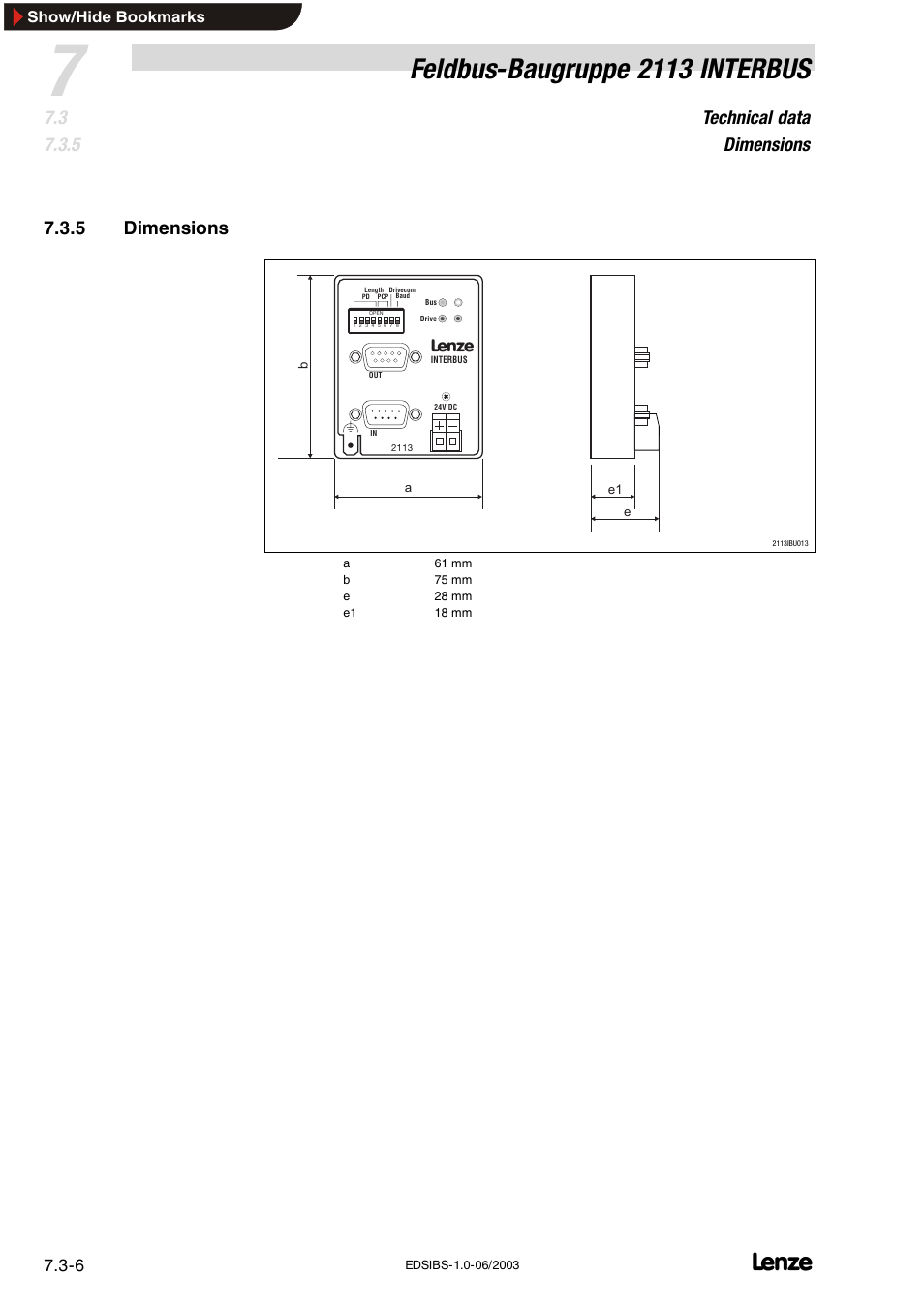 5 dimensions, Dimensions, Feldbus-baugruppe 2113 interbus | Technical data dimensions | Lenze EMF2113IB User Manual | Page 35 / 119