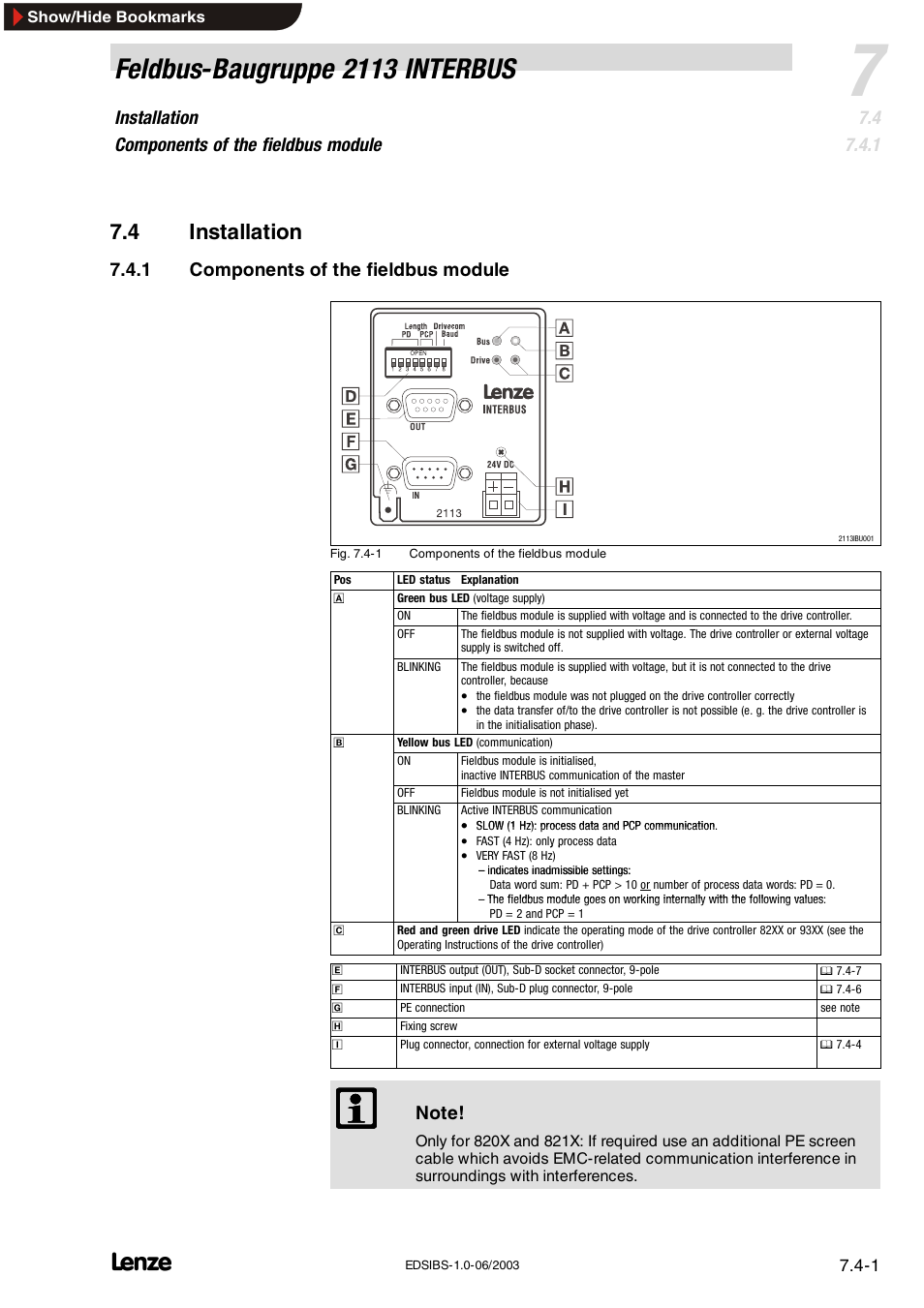 4 installation, 1 components of the fieldbus module, Installation | Components of the fieldbus module, Feldbus-baugruppe 2113 interbus | Lenze EMF2113IB User Manual | Page 36 / 119