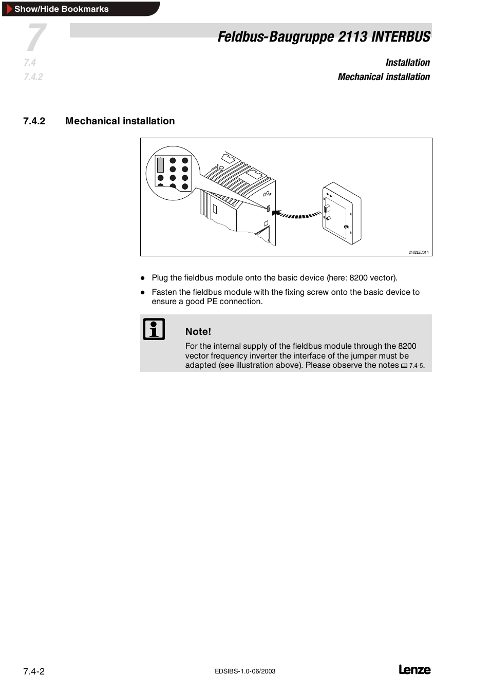 2 mechanical installation, Mechanical installation, Feldbus-baugruppe 2113 interbus | Lenze EMF2113IB User Manual | Page 37 / 119